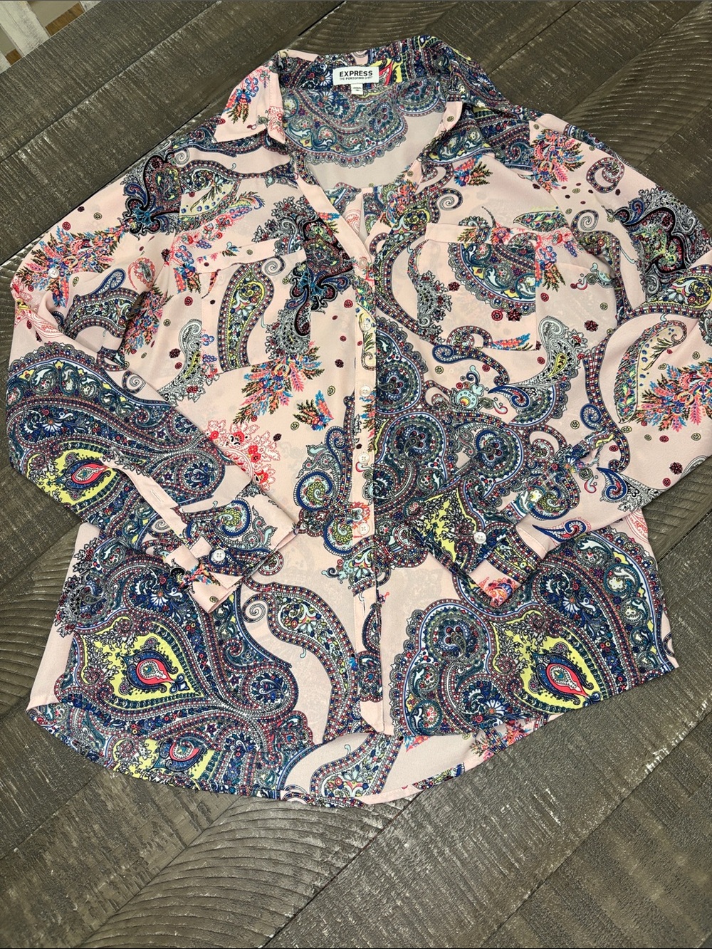 Express Pink Paisley Button-Down Shirt with Multicolor Accents